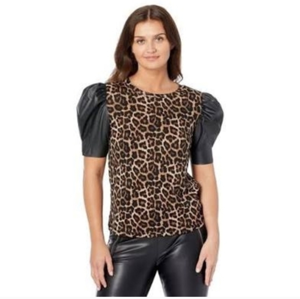 Michael Kors Leopard Print Top with Vegan Leather Puff Sleeves